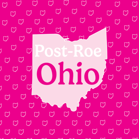 The shape of Ohio is light pink, with Post-Roe Ohio inside it. A darker pink background with smaller outlines of Ohio is behind it.