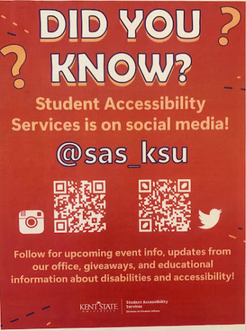 Red flyer reading "Did you know? Student Accessibility Services is on Social Media! @sas_ksu"