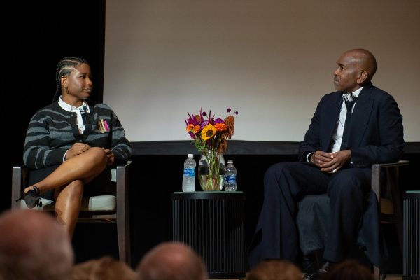 Aleah Wright moderates a public discussions with costume designer Paul Tazewell at Cartwright Hall on Sept. 18, 2025. 