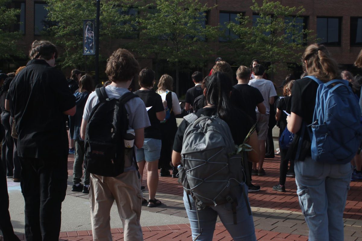 Students gather for a protest "mourning" the LGBTQ+ Center, Women's Center and Multicultural Center, as well as the changes to campus due to Senate Bill 1, Aug. 27, 2025.