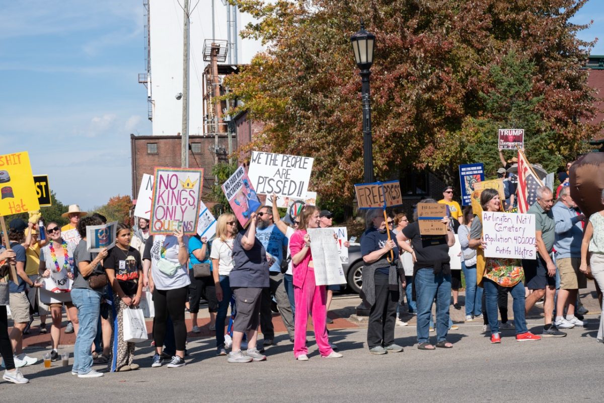 During the No Kings protest, the Kent community gathered on Water Street, protesting Donald Trump's presidency on Saturday, Oct. 18, 2025.