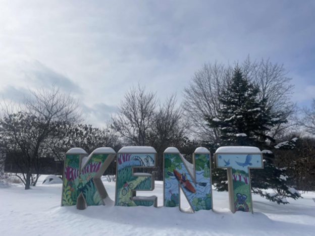 KENT sign, covered in snow, with current artwork by Kristina Gauer. Photo by Myles Arnott 