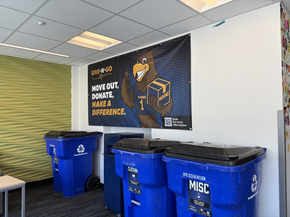 Donation bins in a campus residence hall.