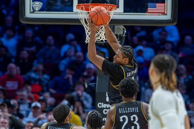 Kent State Senior Guard Morgan Safford grabbing a rebound (Photo from Kent State Photoshelter)